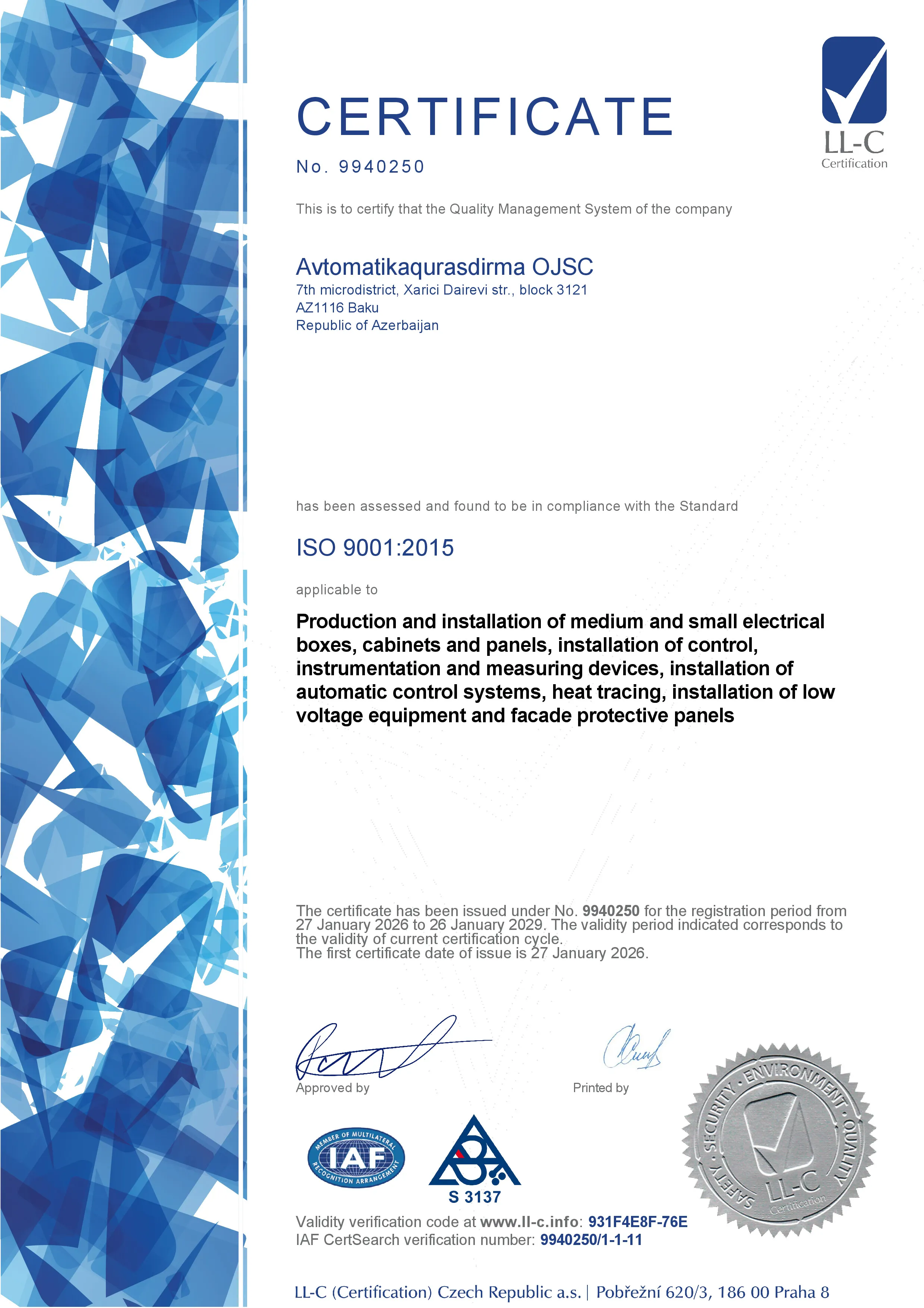 ISO 9001:2015 Sertifikatı